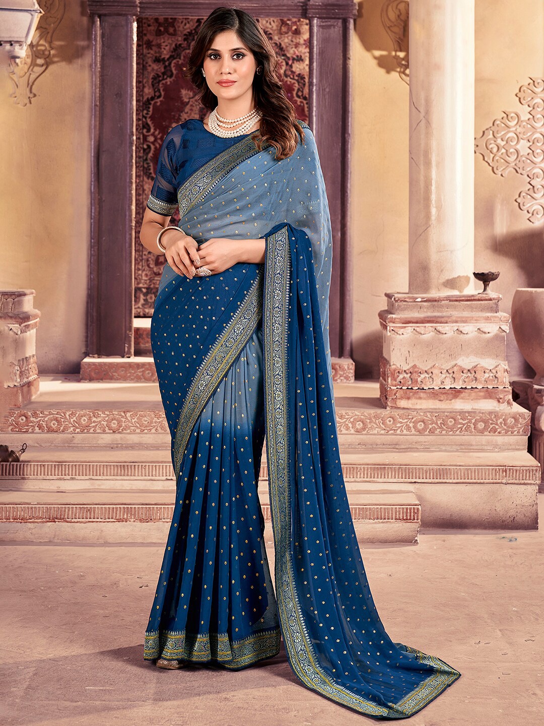 

Saree mall Ethnic Motifs Printed Zari Poly Georgette Saree, Grey