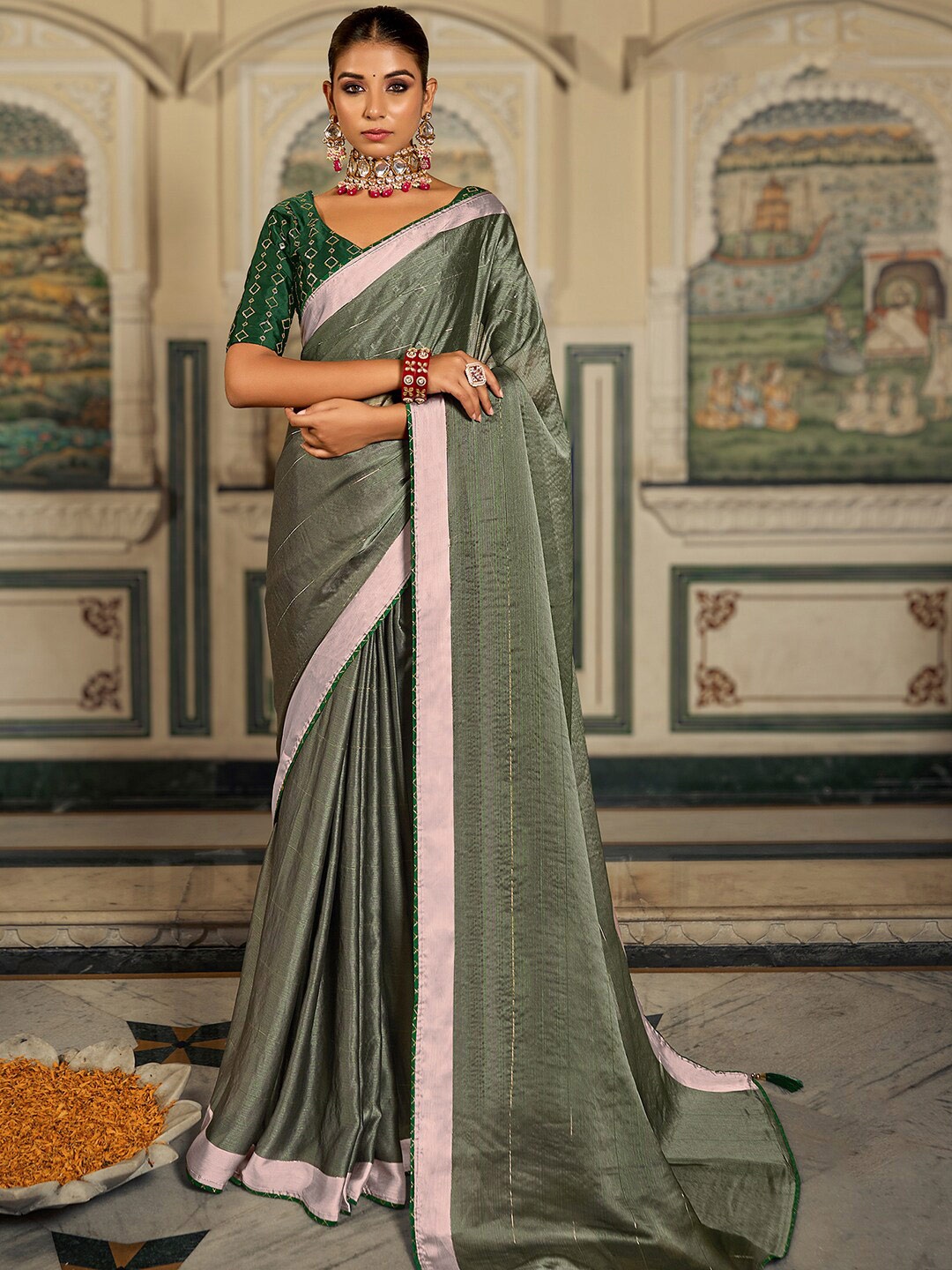 

Saree mall Striped Poly Chiffon Saree, Sea green