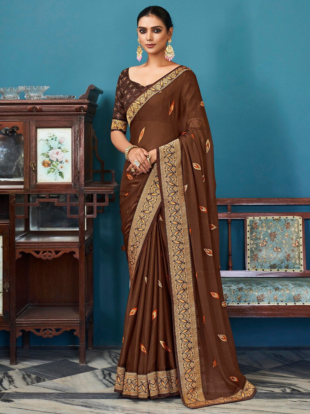 

Saree mall Floral Embellished Poly Chiffon Saree, Brown