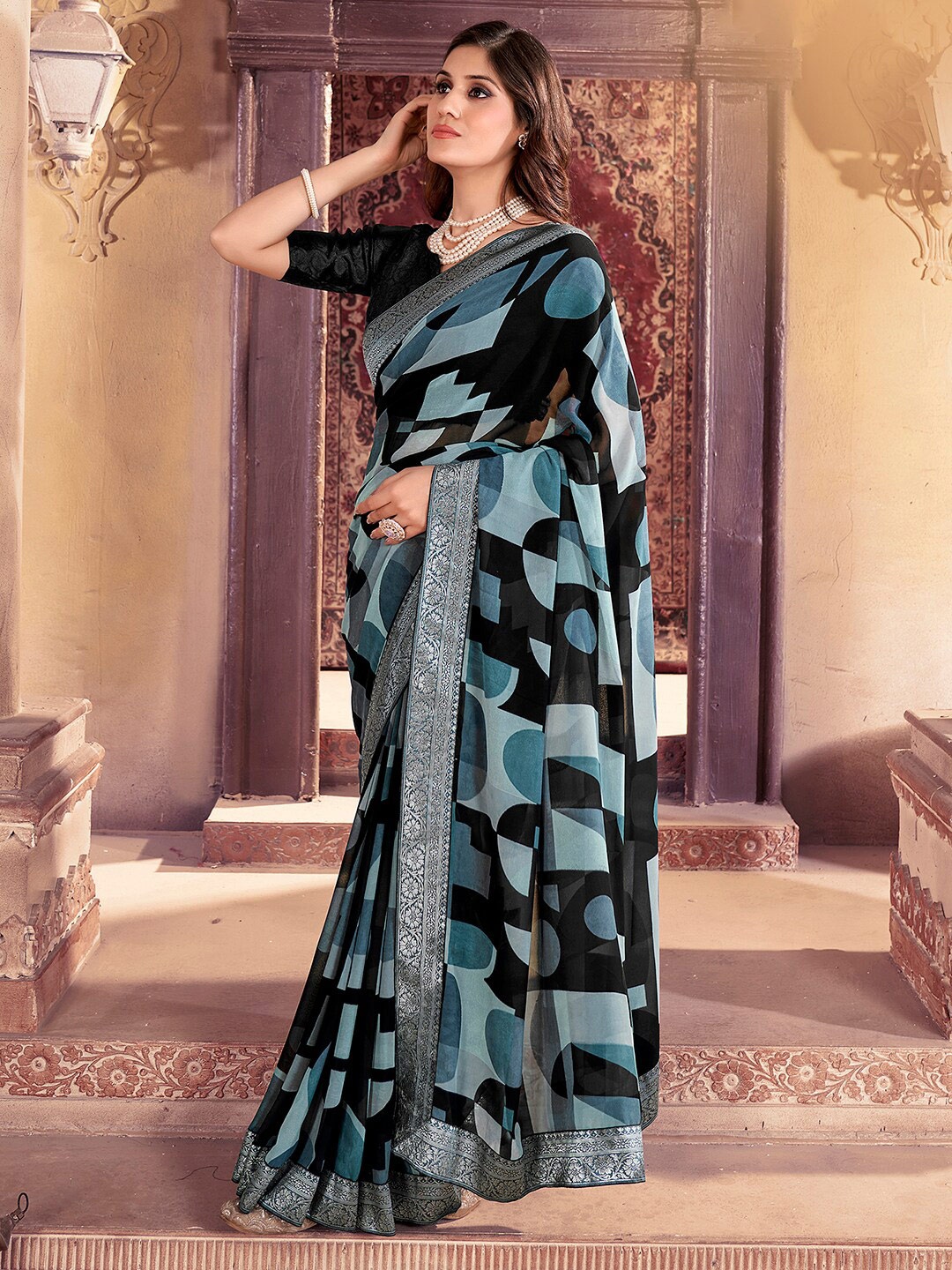 

Saree mall Geometric Printed Zari Pure Georgette Saree, Black