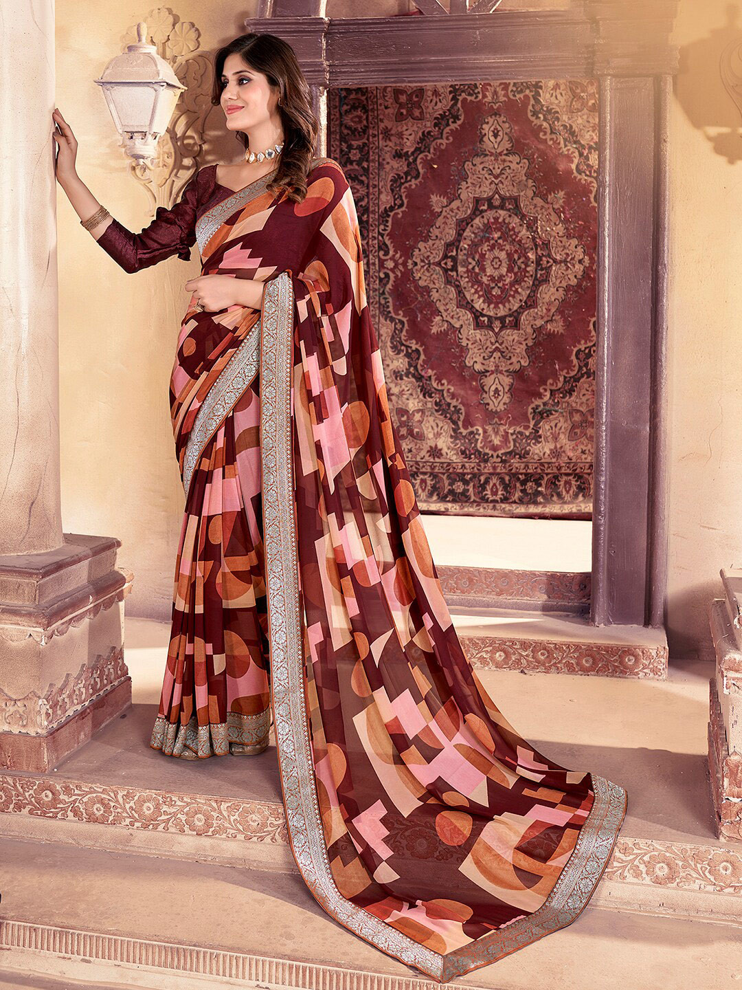 

Saree mall Geometric Printed Zari Pure Georgette Saree, Brown