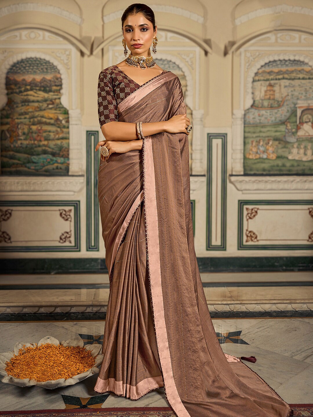 

Saree mall Striped Pure Chiffon Saree, Brown