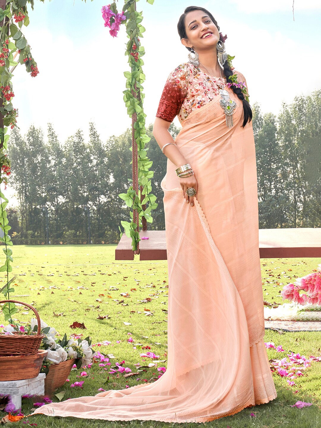 

Saree mall Peach-Coloured Striped Beads and Stones Poly Crepe Sarees