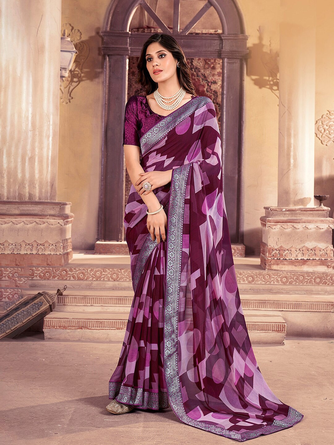

Saree mall Purple Geometric Printed Zari Pure Georgette Sarees