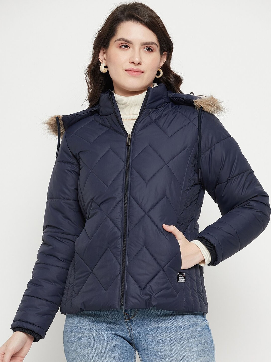 

VERO AMORE Insulator Anti Odour Faux Fur Trim Hooded Puffer Jacket, Navy blue