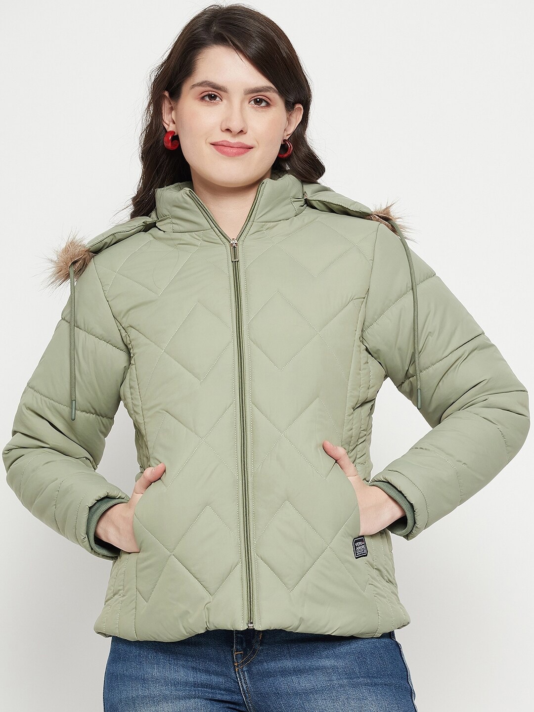 

VERO AMORE Hooded Faux Fur Trim Insulator Anti Odour Padded Jacket, Sea green