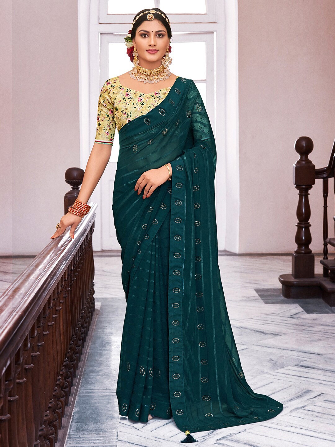 

Saree mall Striped Embellished Pure Georgette Saree, Teal