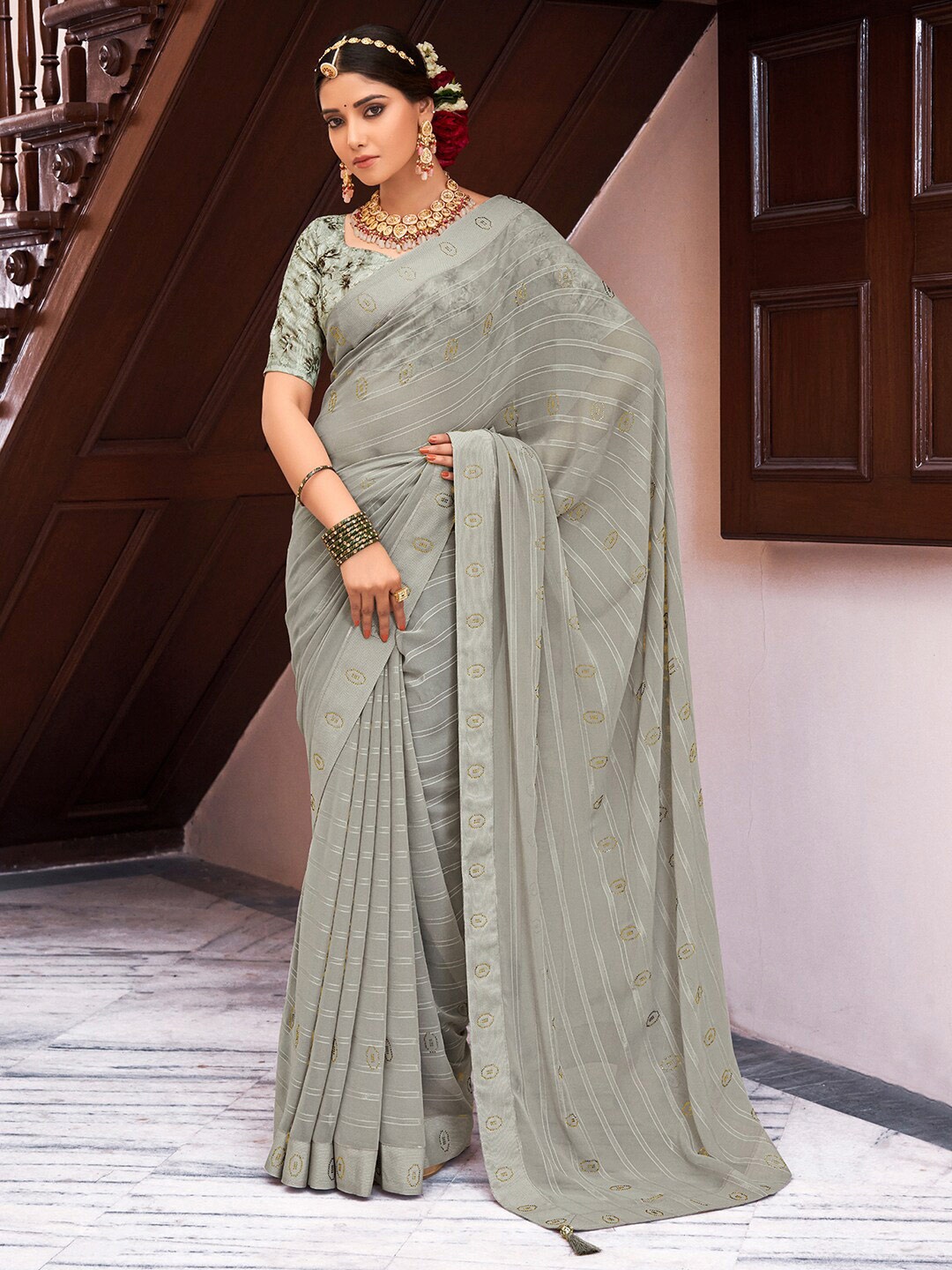 

Saree mall Striped Beads and Stones Pure Georgette Sarees, Grey