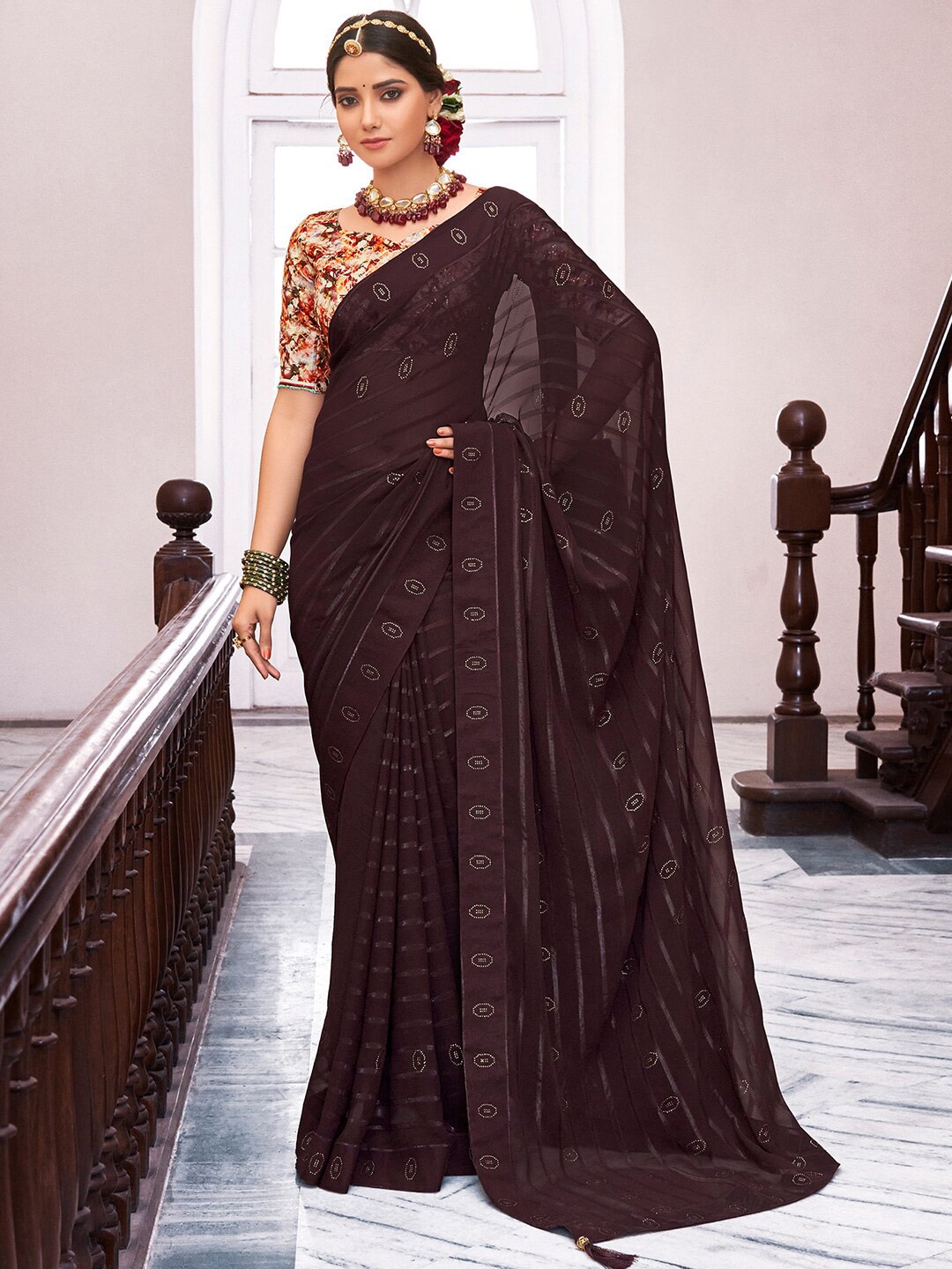 

Saree mall Striped Embellished Pure Georgette Saree, Burgundy