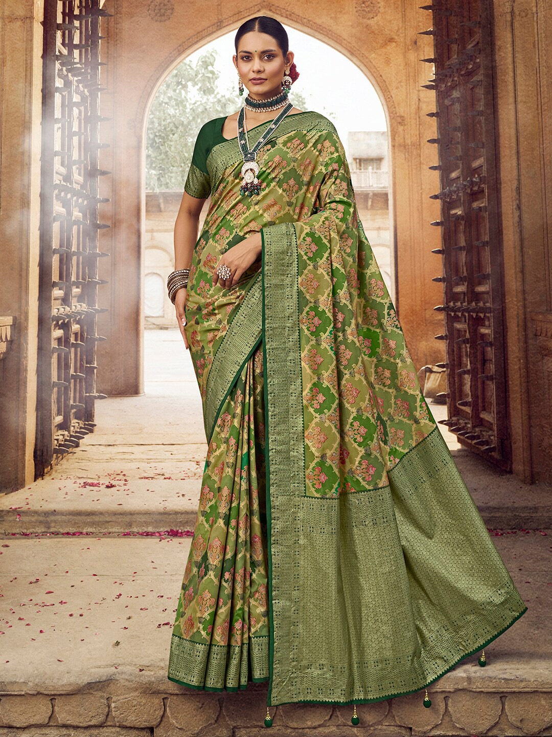 

Saree mall Olive Green Ethnic Motifs Woven Design Zari Banarasi Sarees