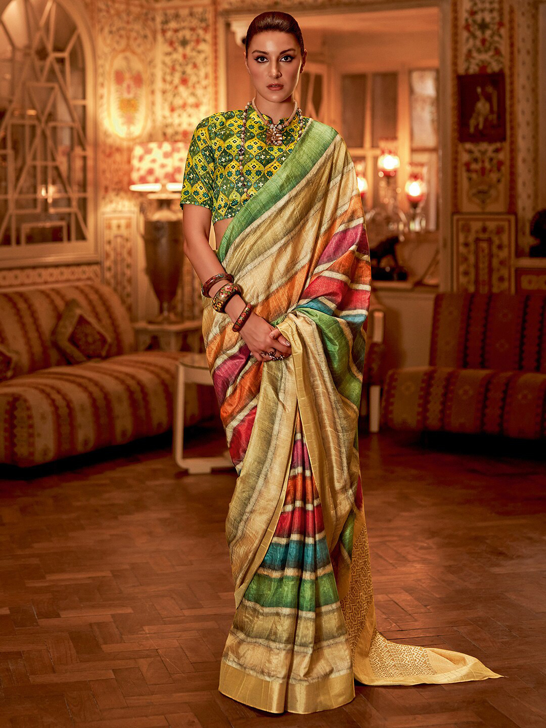 

Saree mall Striped Zari Silk Blend Sarees, Cream