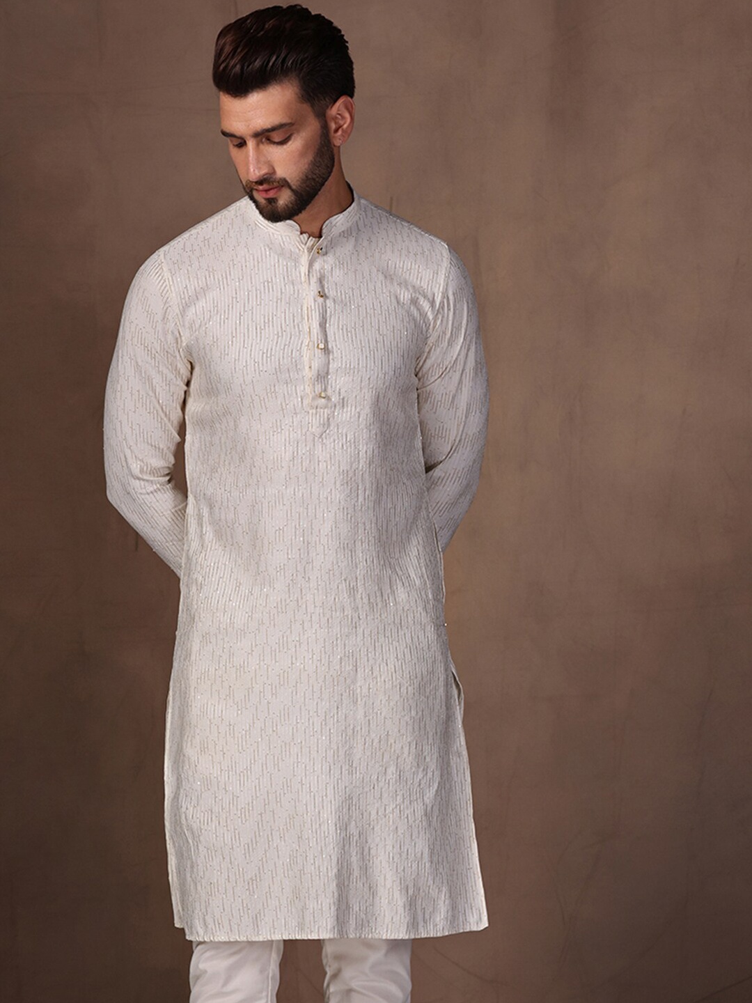 

KISAH Embroidered Sequined Mandarin Collar Regular Kurta, Off white
