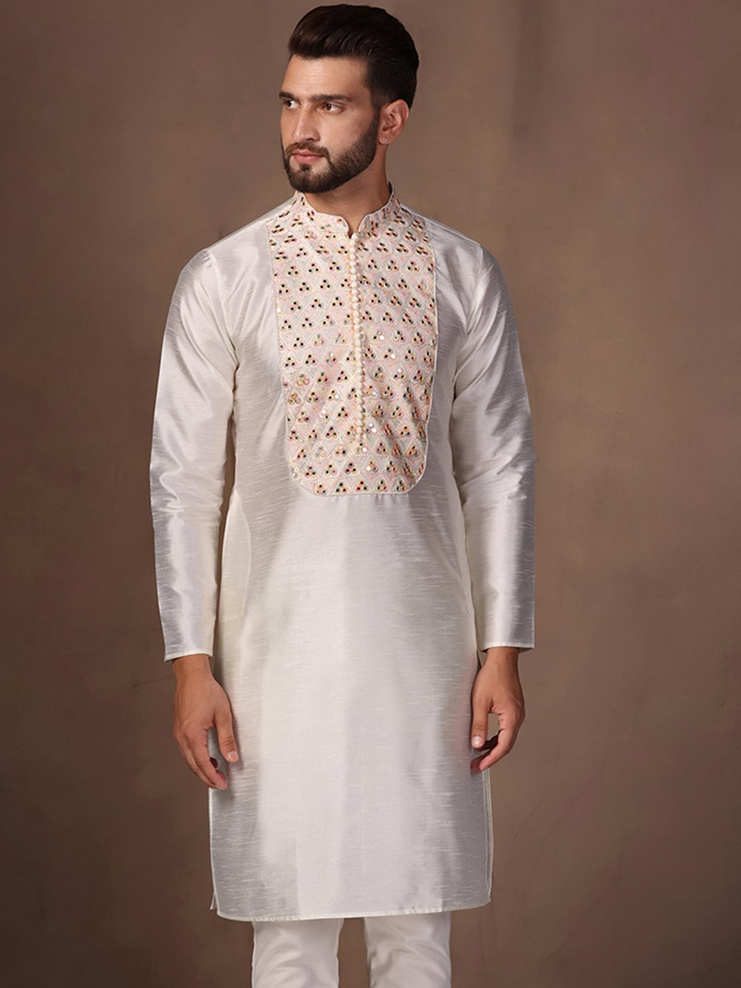 

KISAH Yoke Design Mandarin Collar Mirror Work Kurta, Off white