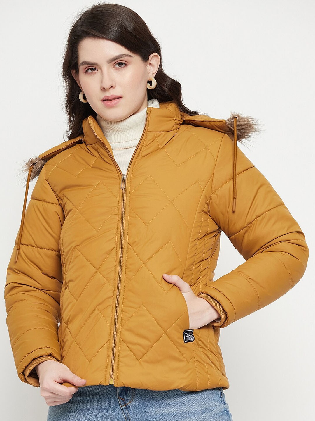 

VERO AMORE Hooded Faux Fur Trim Insulator Anti Odour Padded Jacket, Mustard