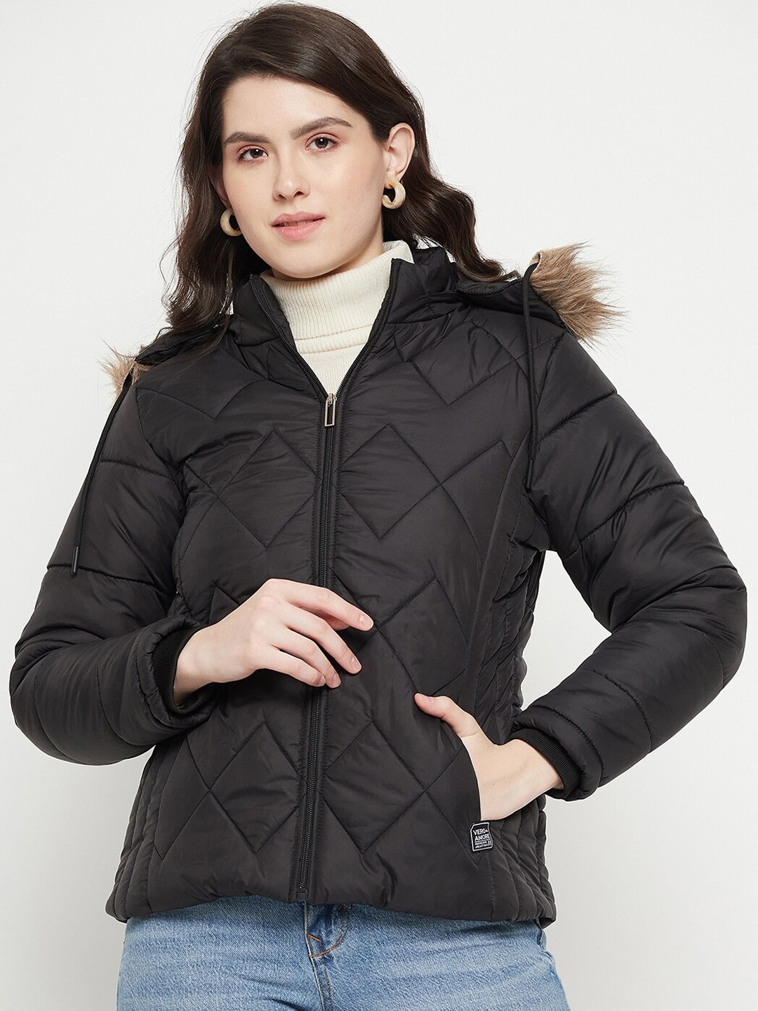 

VERO AMORE Hooded Insulator Parka Jacket With Faux Fur Trim, Black