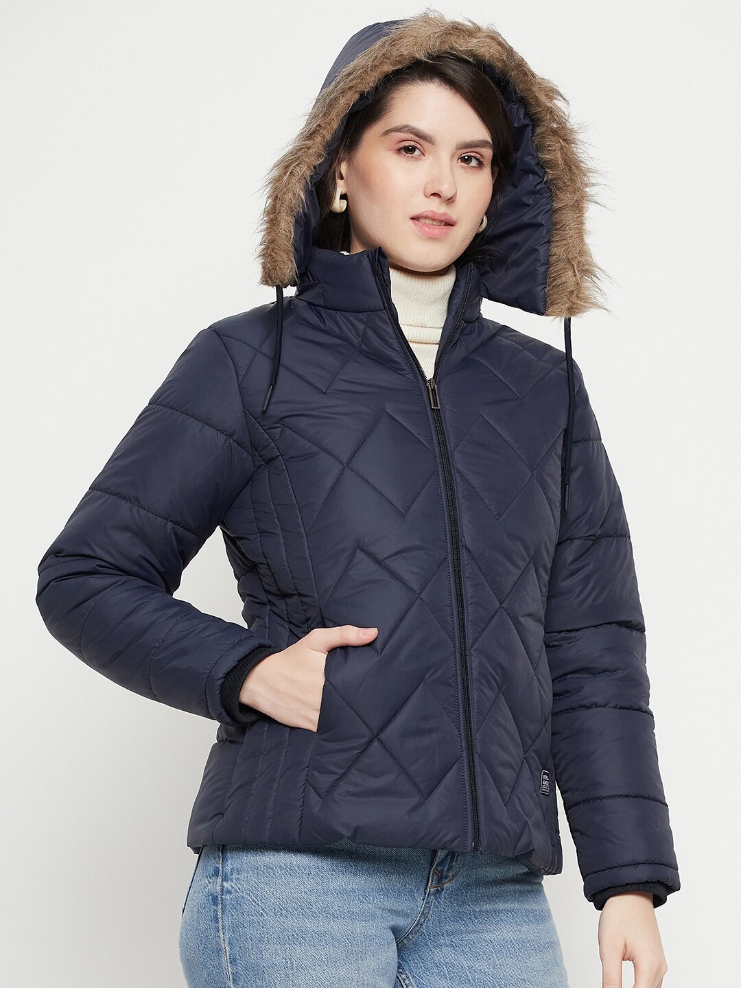 

VERO AMORE Hooded Faux Fur Trim Detail Anti Odour Insulator Padded Jacket, Navy blue