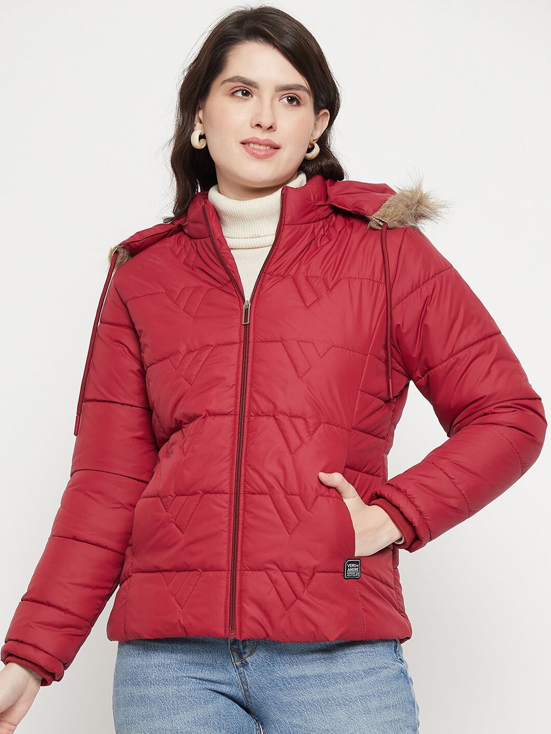 

VERO AMORE Hooded Insulator Parka Jacket With Faux Fur Trim, Maroon
