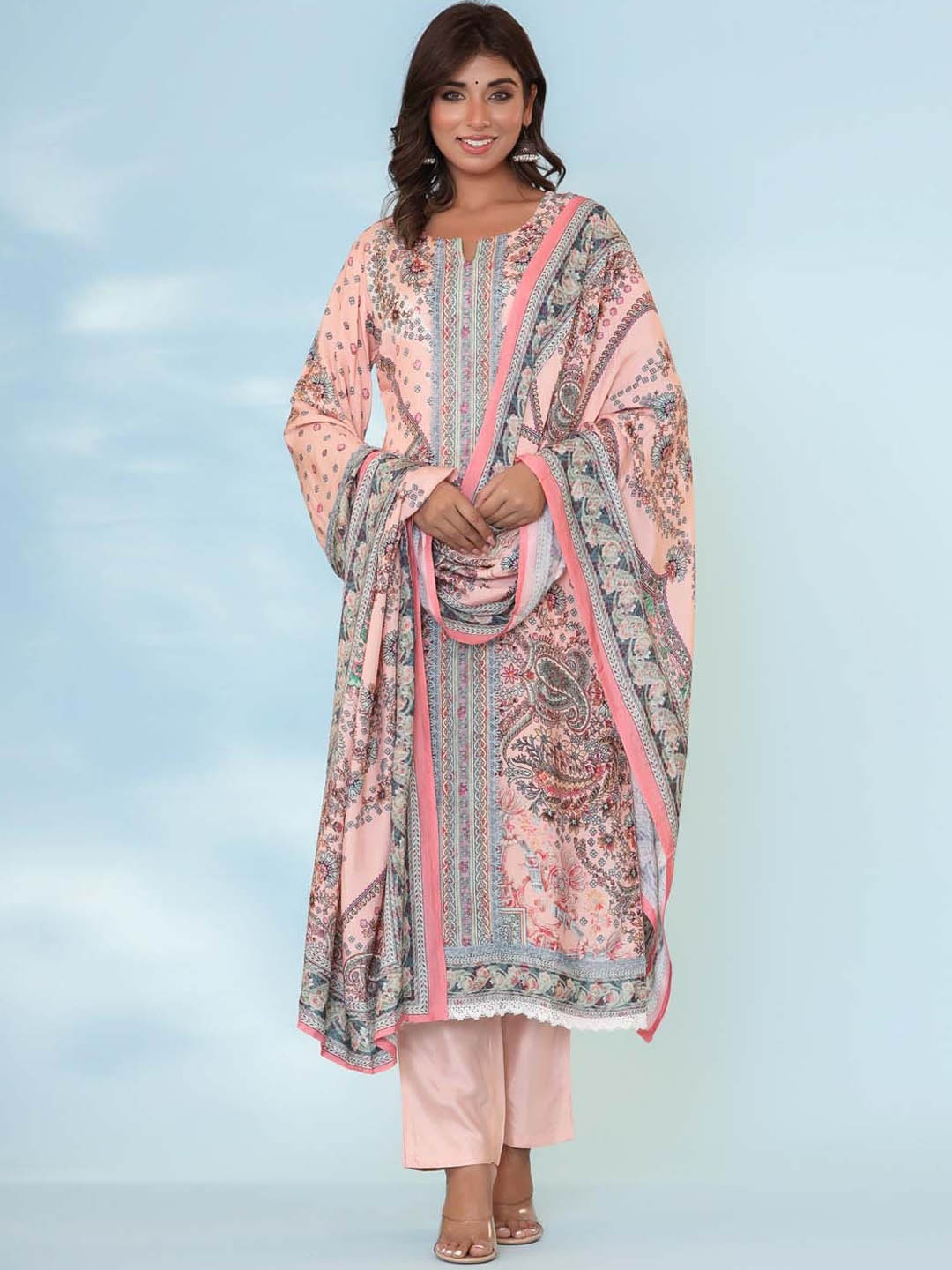 

Meena Bazaar Floral Printed Regular Kurta with Trousers & With Dupatta, Peach