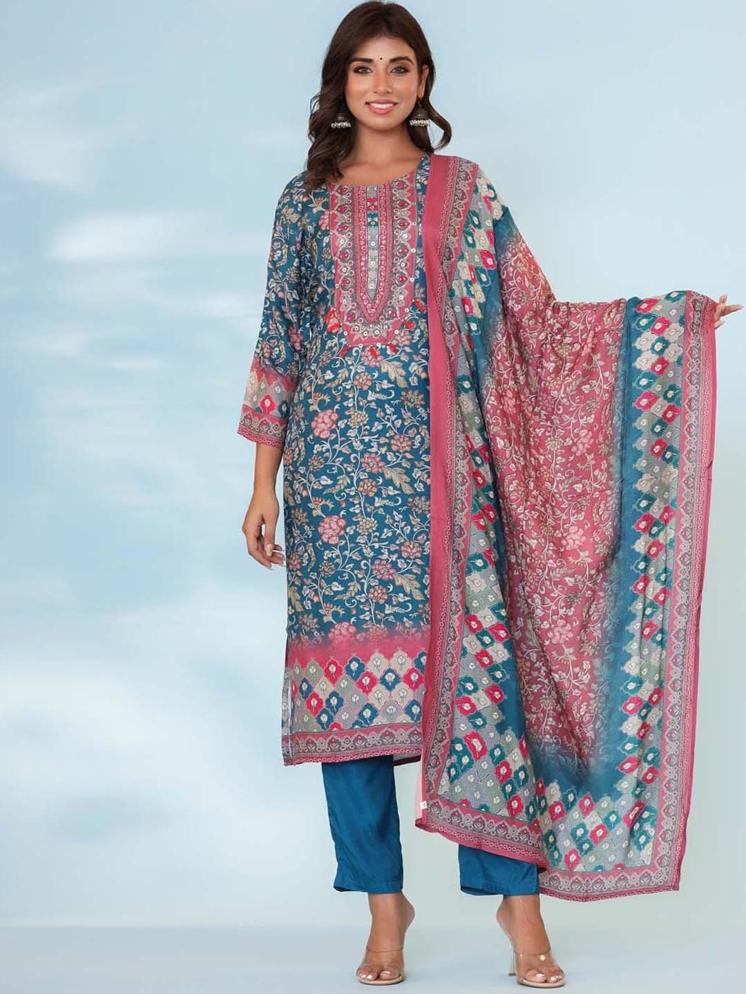 

Meena Bazaar Floral Printed Sequinned Detailed Regular Kurta & Trousers With Dupatta, Blue