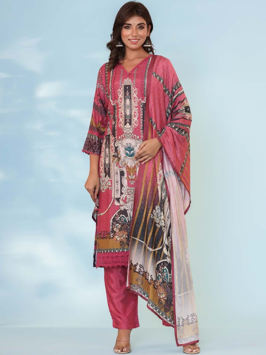 

Meena Bazaar Ethnic Motifs Printed Regular Kurta With Trousers & Dupatta, Pink