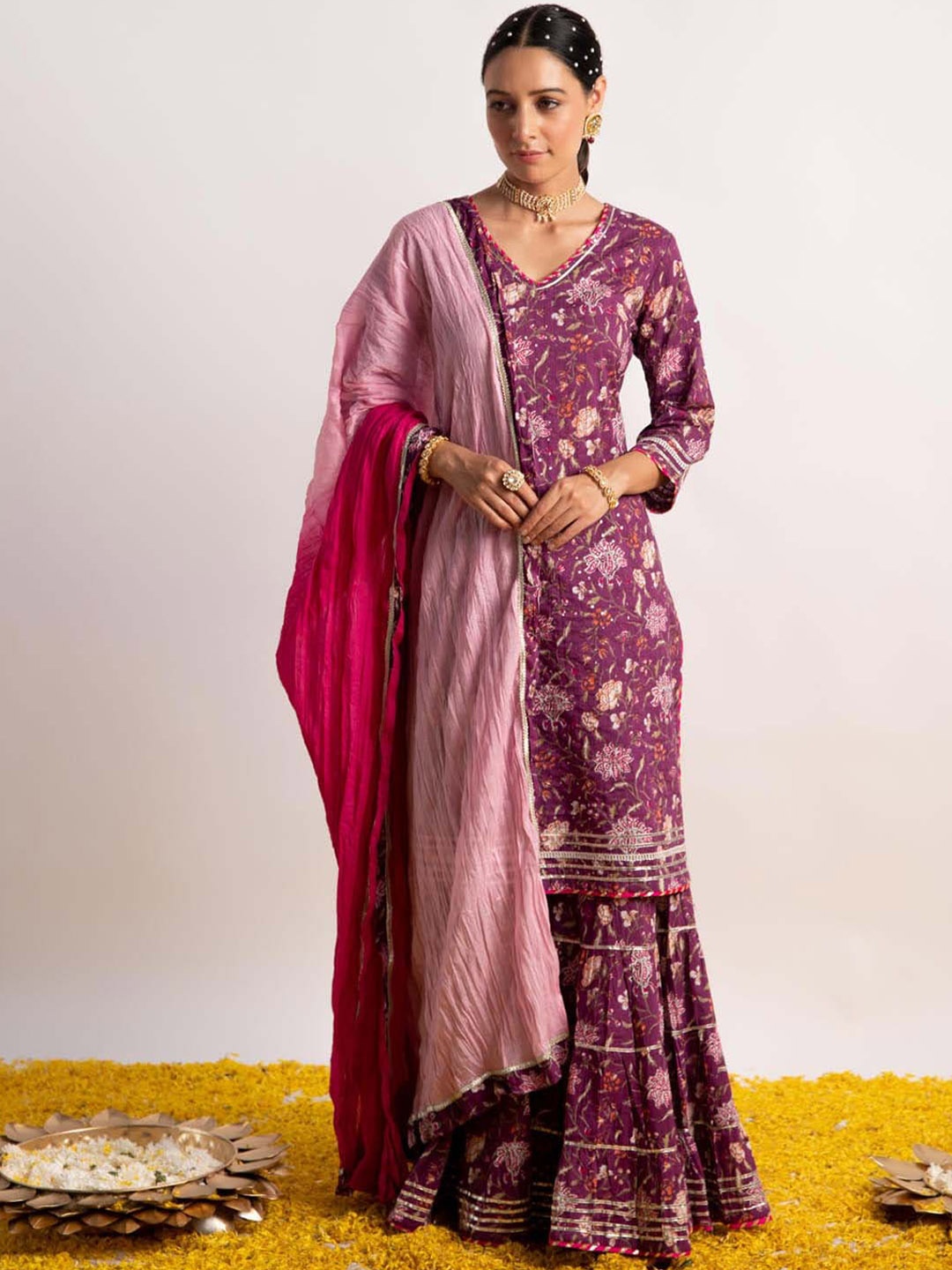 

Meena Bazaar Floral Printed V-Neck Regular Kurta & Sharara With Dupatta, Purple