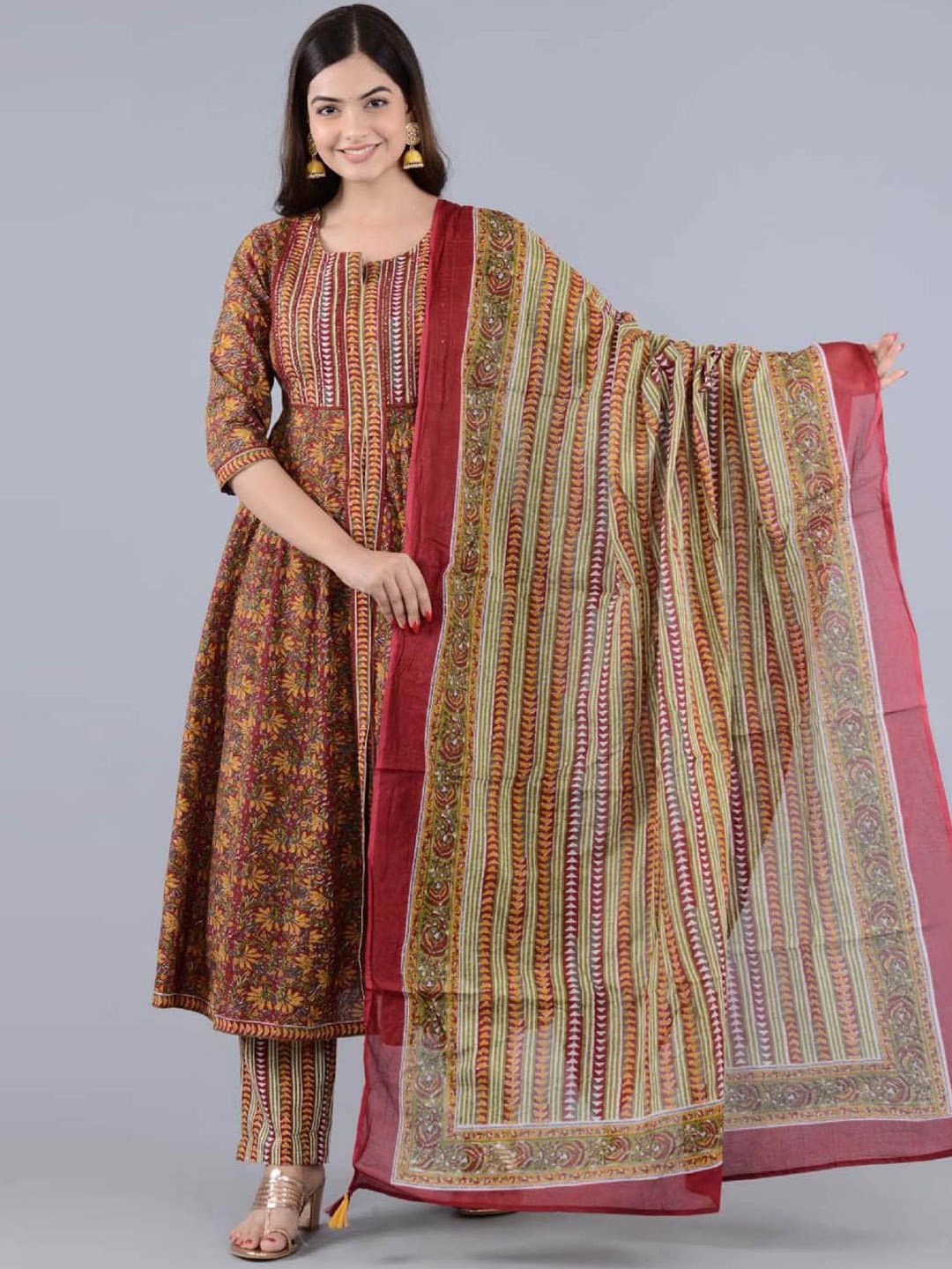 

Meena Bazaar Ethnic Motifs Printed Regular Kurta With Trousers & Dupatta, Maroon