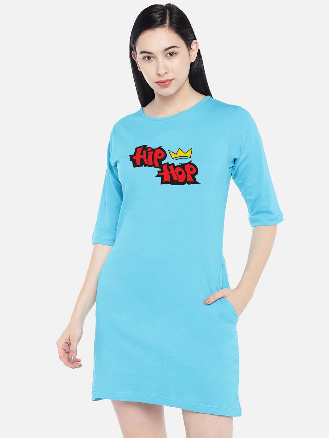 

STATUS MANTRA Typography Printed Pure Cotton Mini T-shirt Dress, Turquoise blue