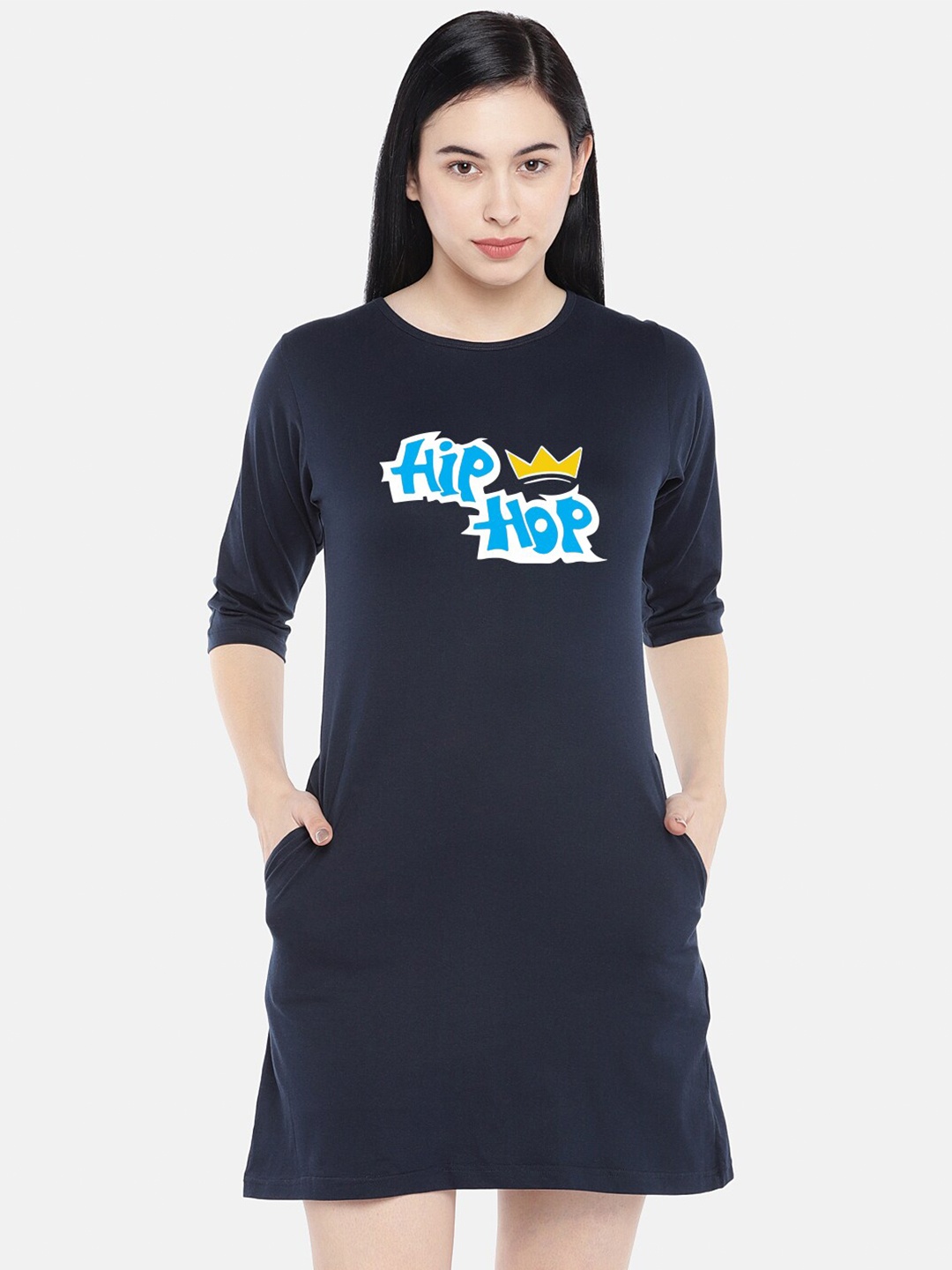 

STATUS MANTRA Typography Printed Pure Cotton T-shirt Dress, Navy blue