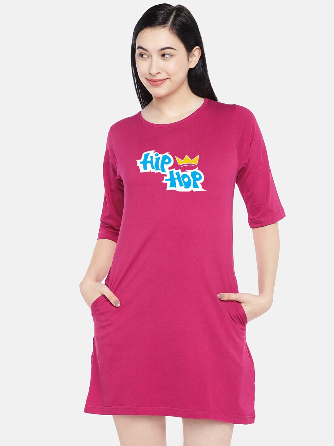 

STATUS MANTRA Typography Printed Pure Cotton T-shirt Dress, Purple