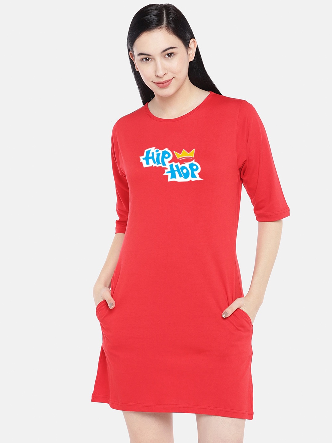

STATUS MANTRA Typography Printed Pure Cotton Mini T-shirt Dress, Red