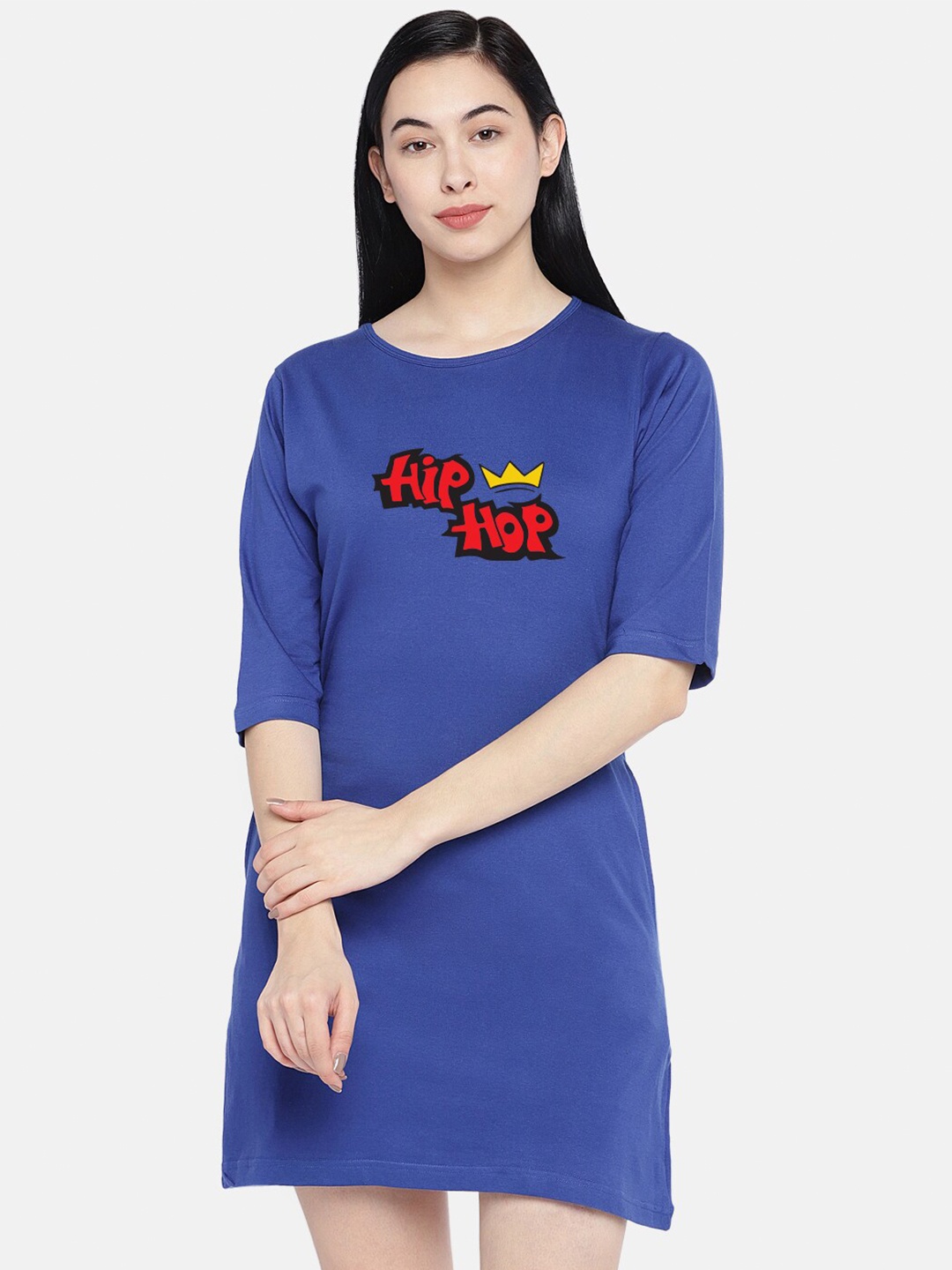 

STATUS MANTRA Typography Printed Pure Cotton Mini T-shirt Dress, Blue