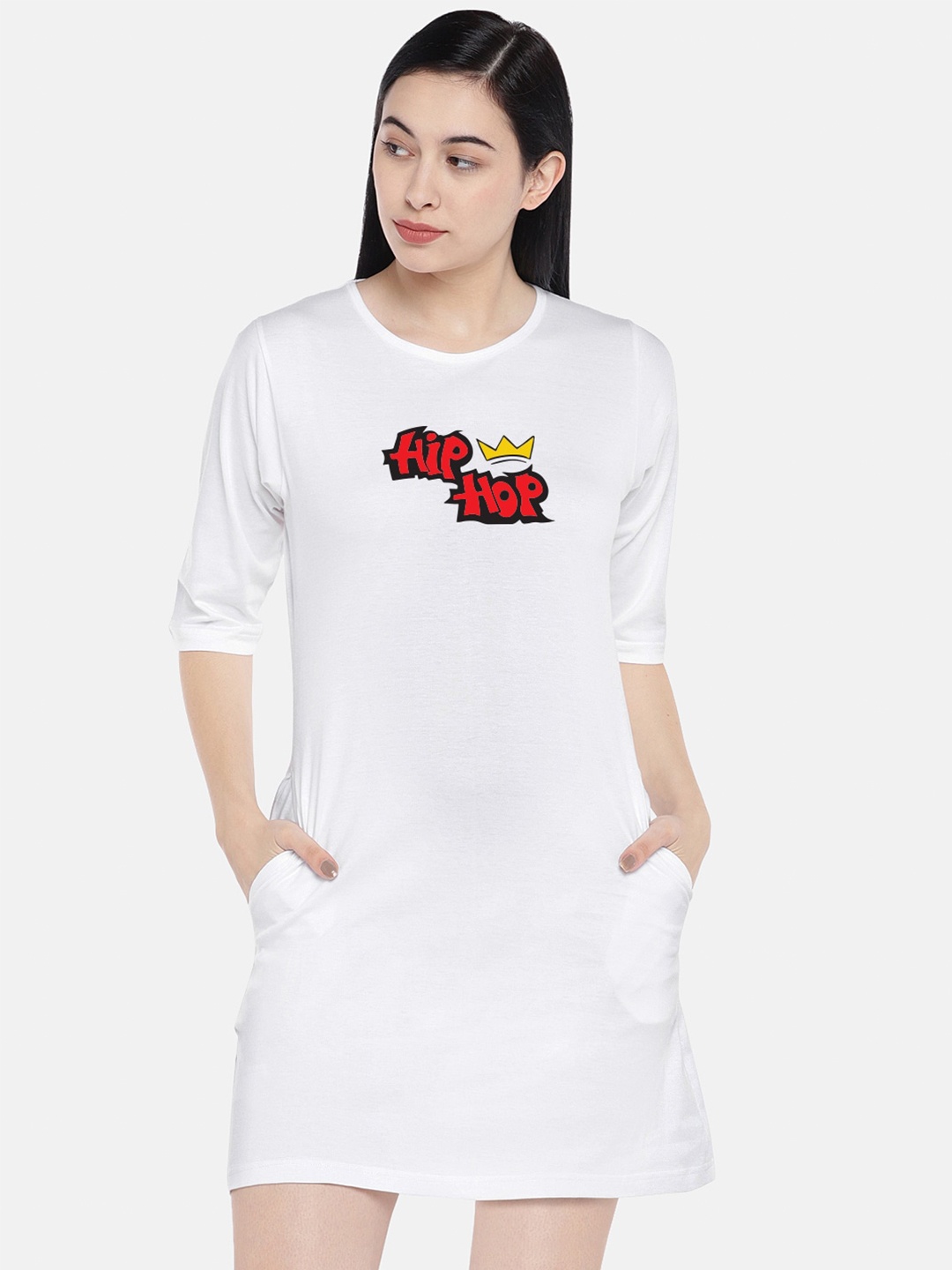 

STATUS MANTRA Typography Printed Pure Cotton T-shirt Dress, White