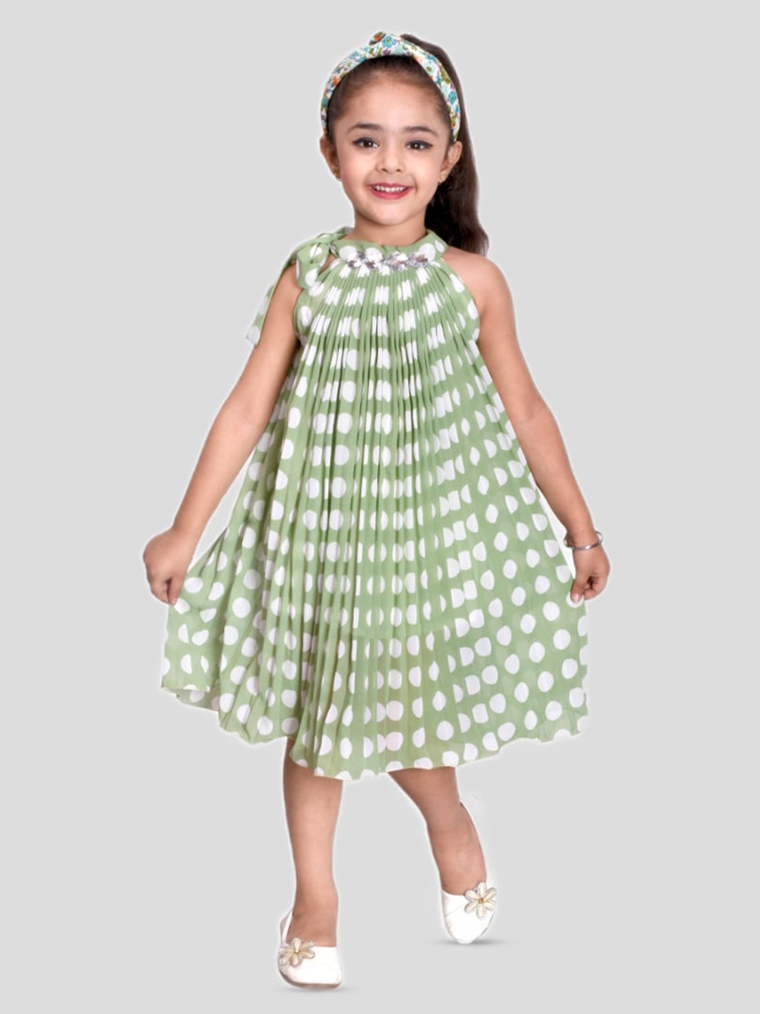 

SKY HEIGHTS Polka Dots Printed Sleeveless Gathered or Pleated A-Line Dress, Green