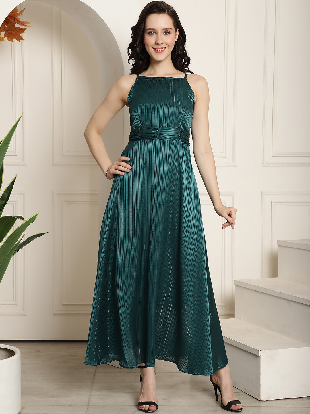 

Claura Green Striped Shoulder Straps Gathered Detailed Maxi Dress