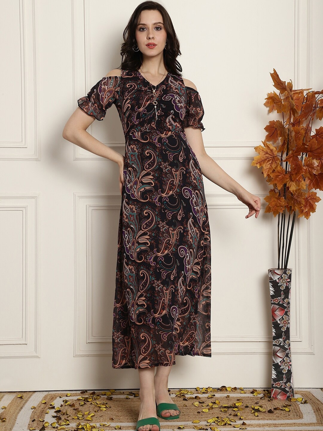 

Claura Black Ethnic Motifs Printed V-Neck Cold-Shoulder Sleeves A-Line Midi Dress