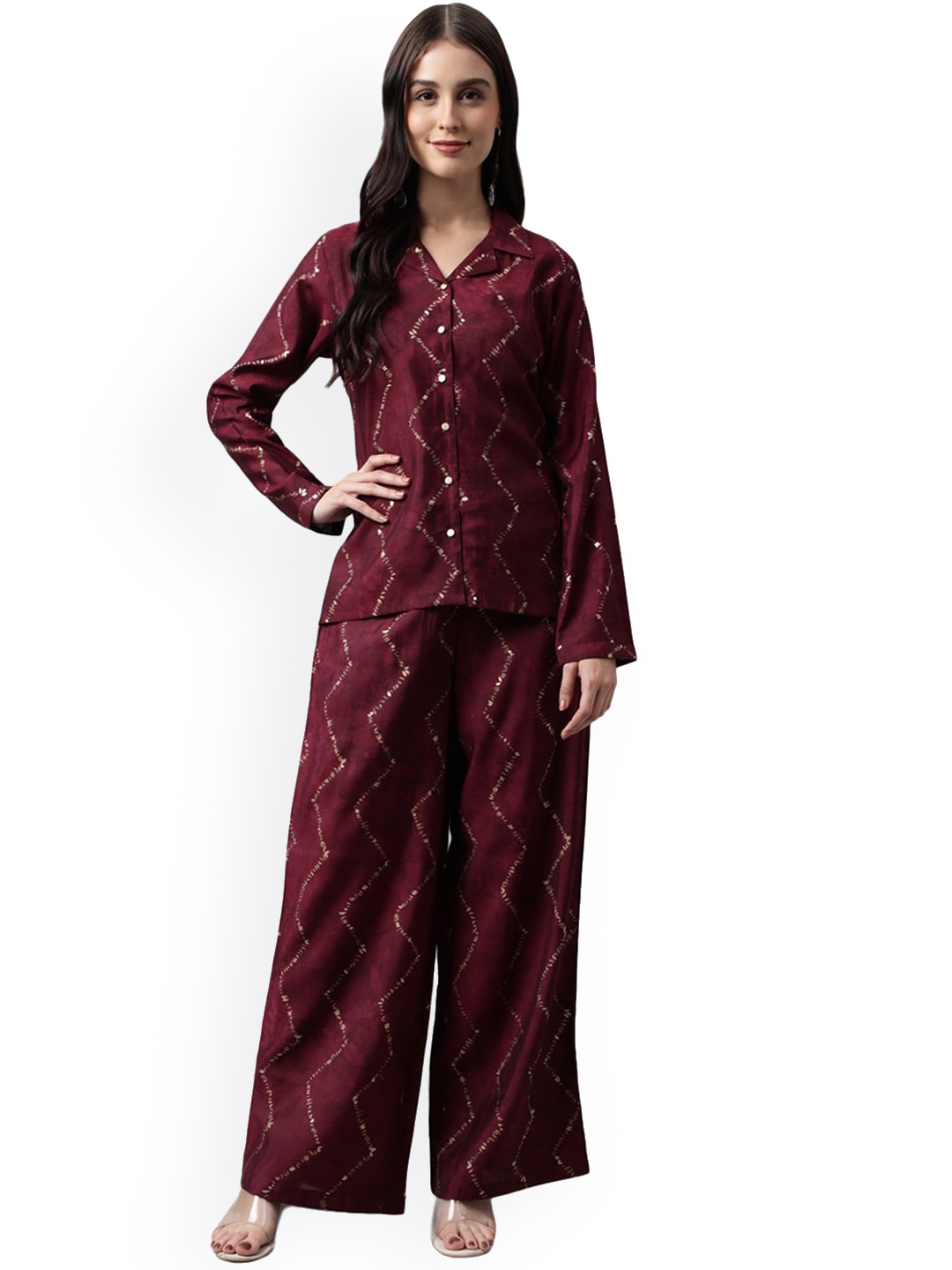 

Nimayaa Printed Notched Lapel Collar Shirt With Palazzo, Maroon
