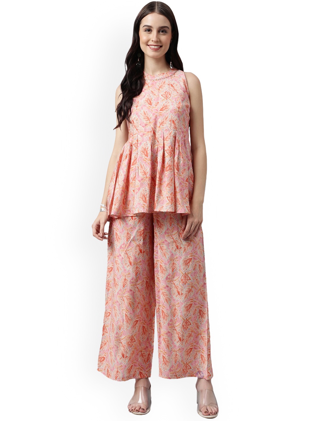 

Nimayaa Floral Printed Halter Neck Tunic With Palazzo, Peach