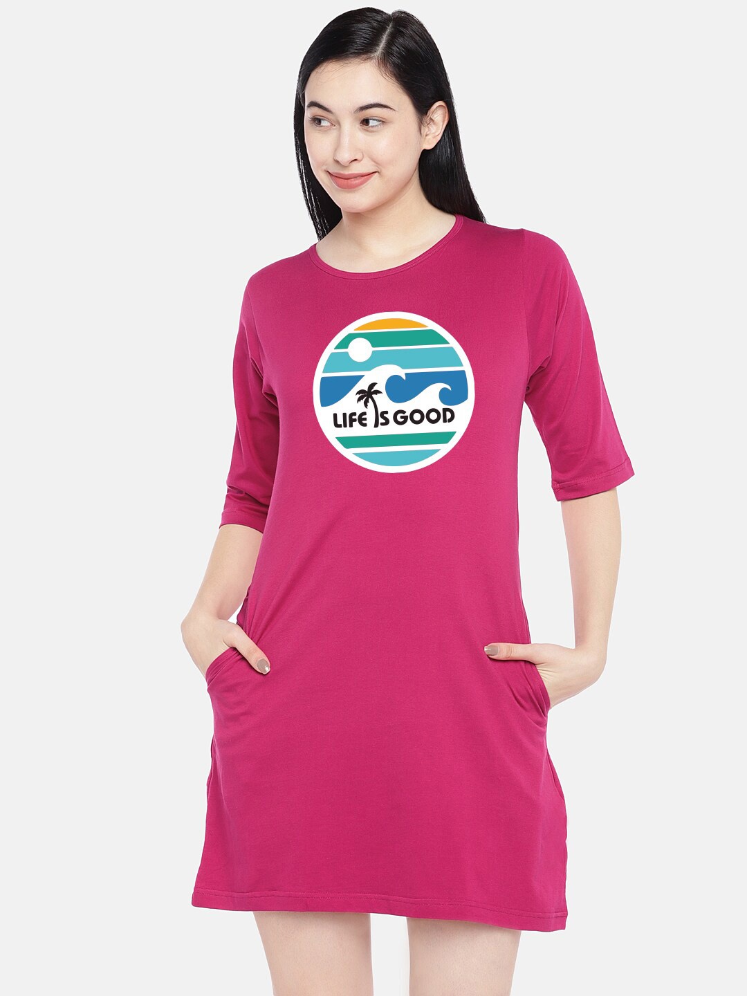 

STATUS MANTRA Graphic Printed Pure Cotton T-Shirt Dress, Pink