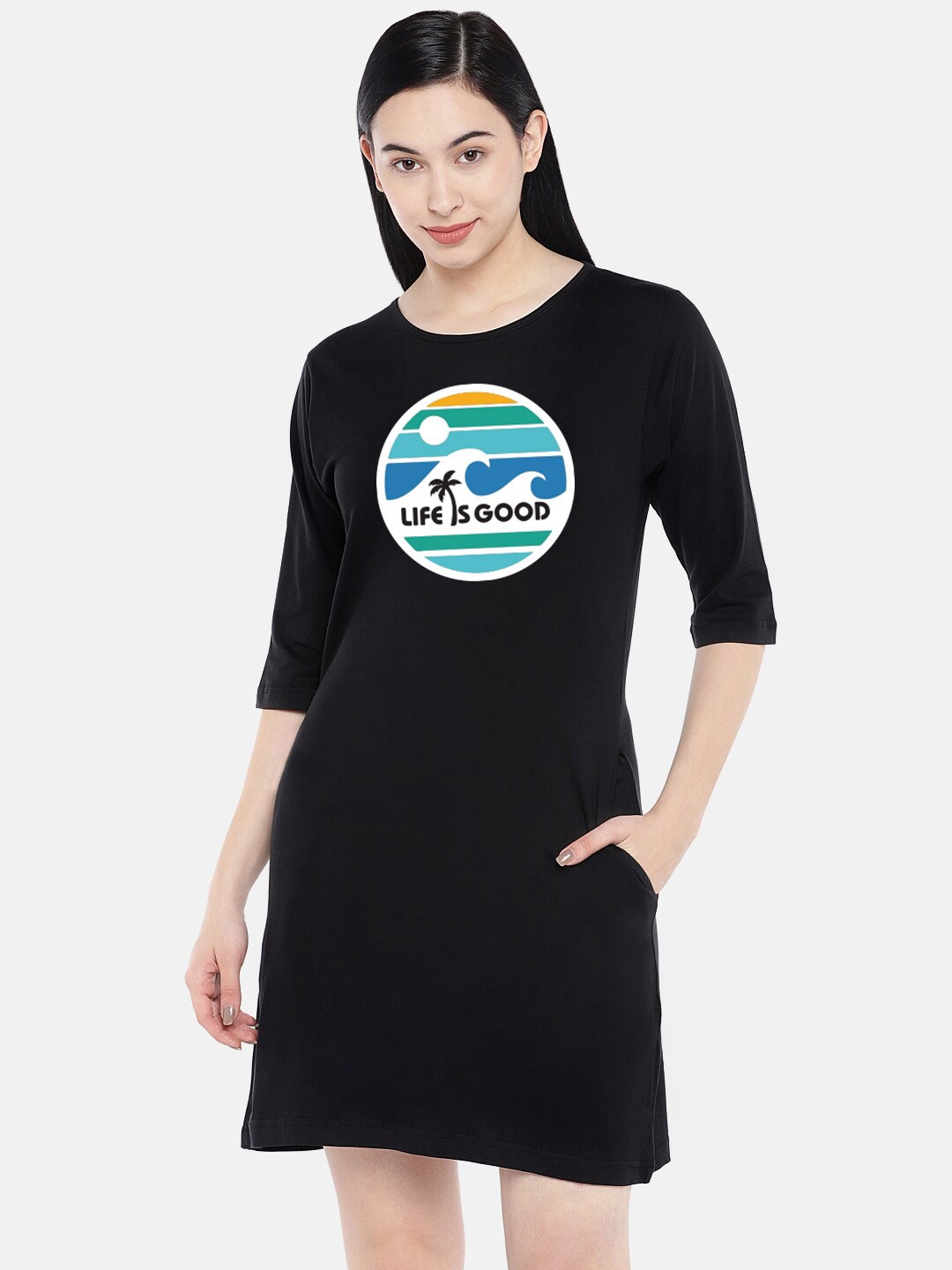 

STATUS MANTRA Graphic Printed Cotton T-Shirt Dress, Black