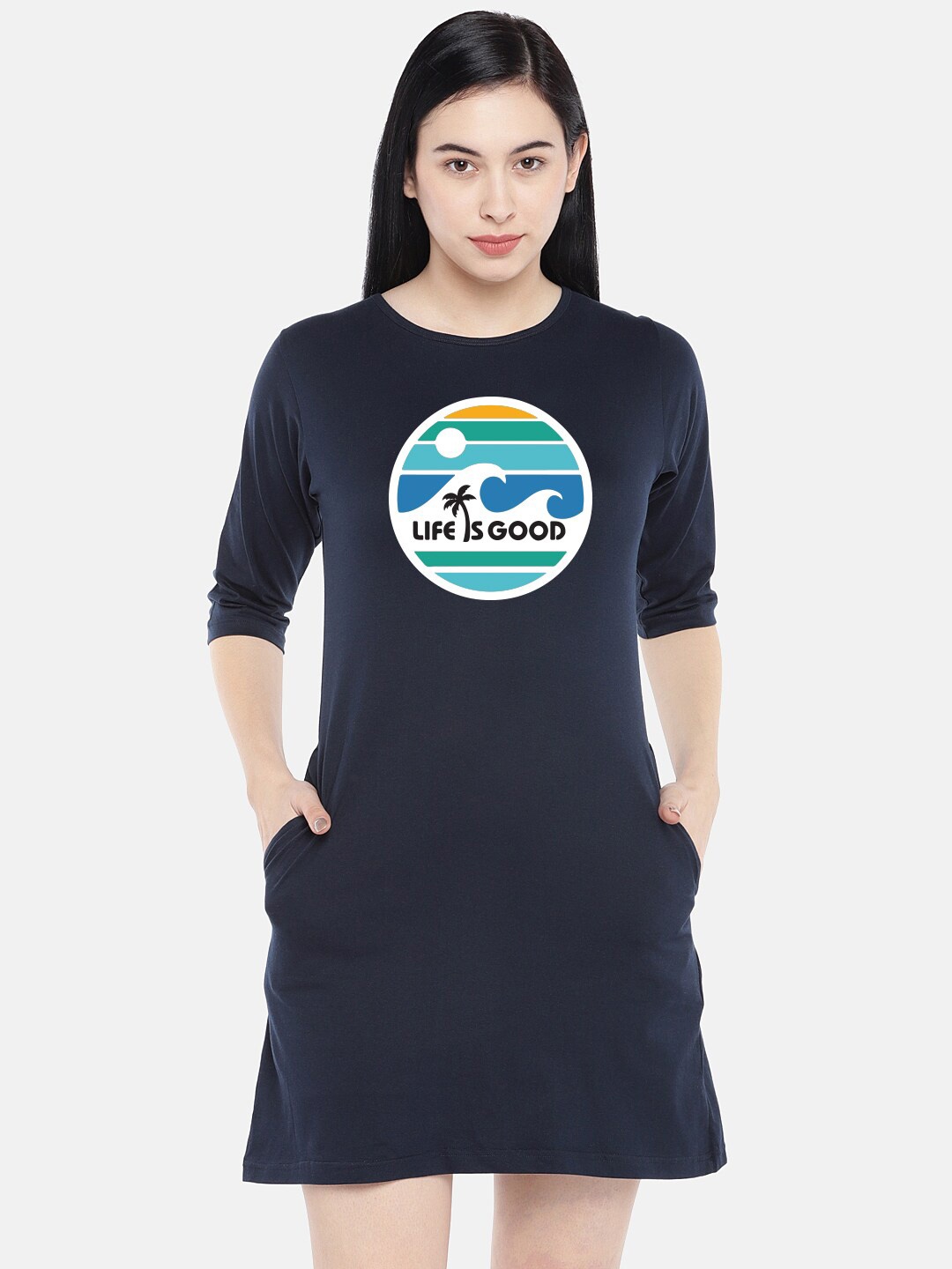 

STATUS MANTRA Graphic Printed Round Neck Cotton T-shirt Dress, Navy blue