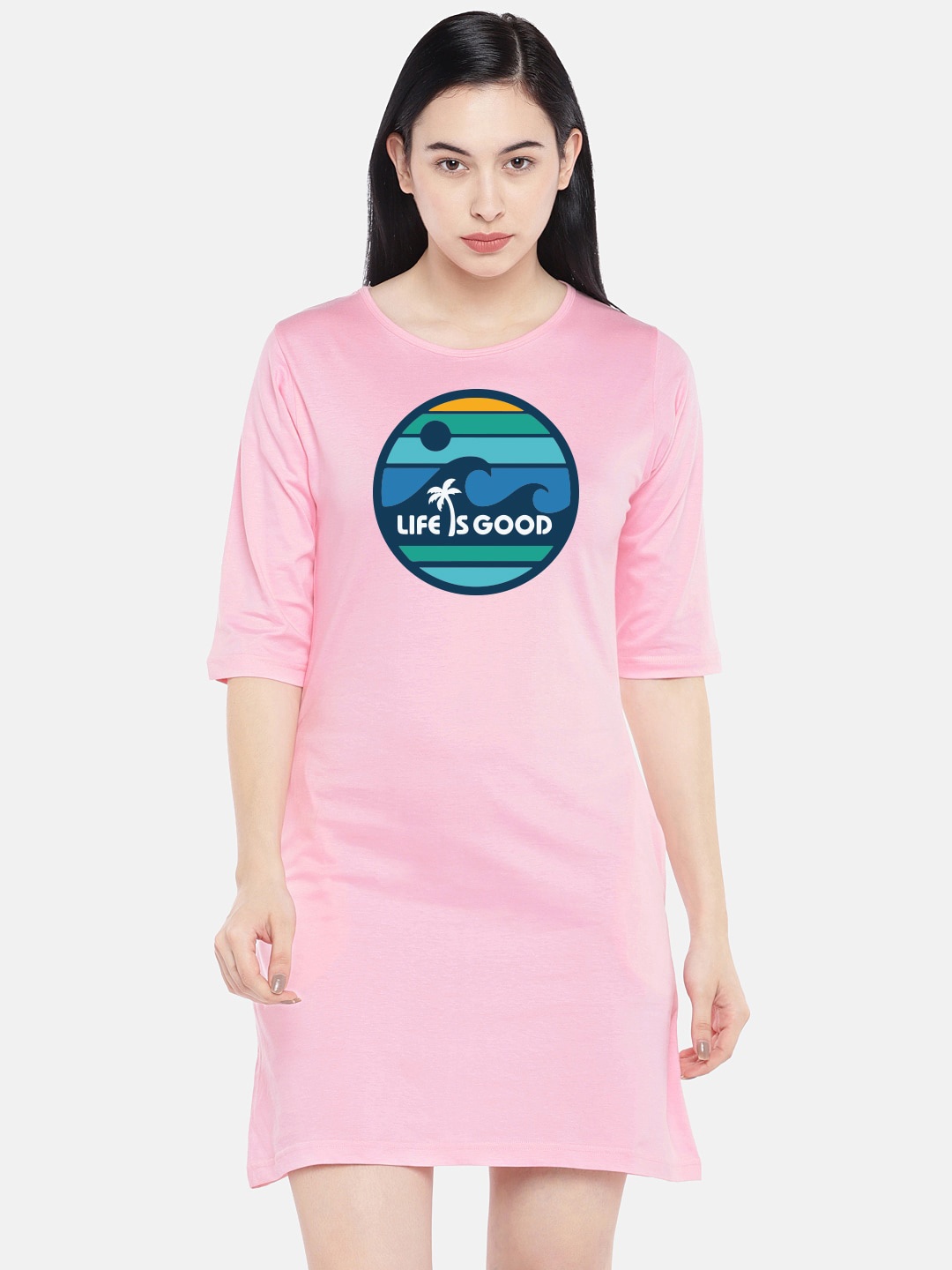 

STATUS MANTRA Graphic Printed Round Neck Cotton T-shirt Dress, Pink