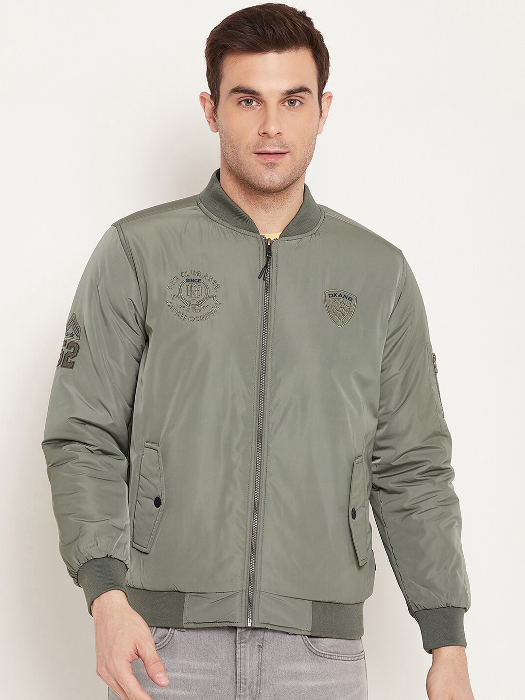 

Okane Patchwork Stand Collar Long Sleeves Lightweight Bomber Jacket, Green