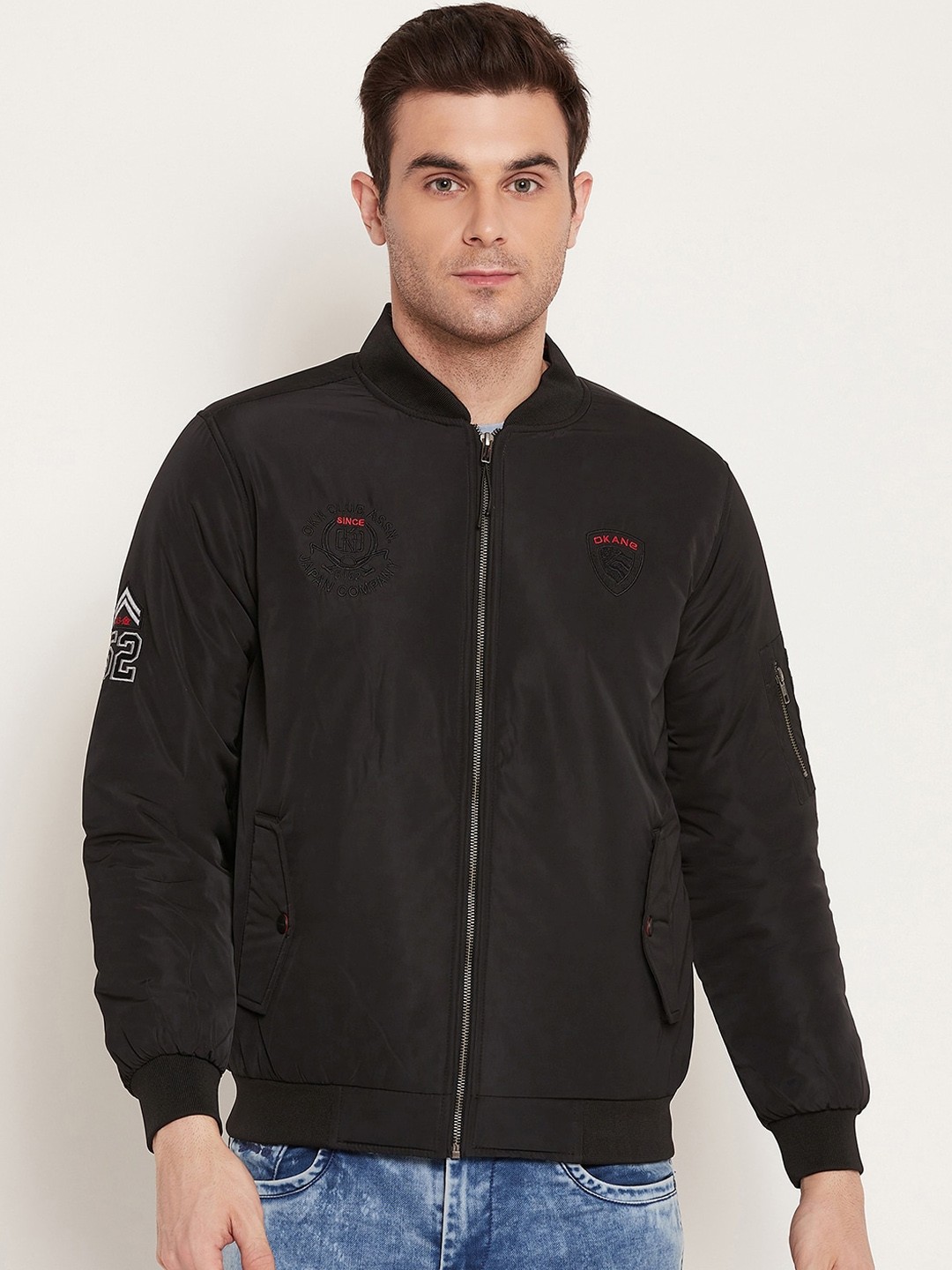 

Okane Mandarin Collar Lightweight Outdoor Bomber with Patchwork Jacket, Black