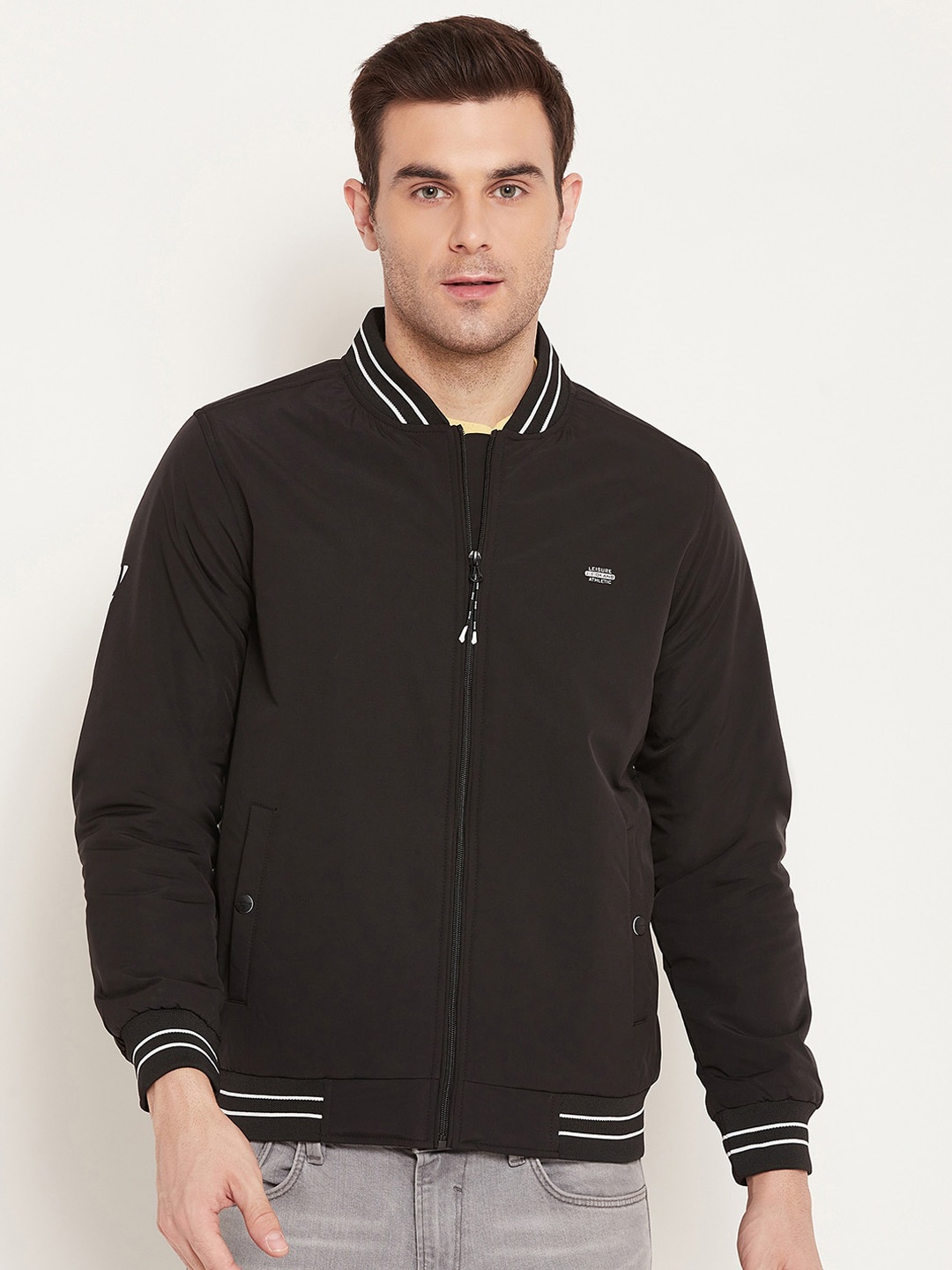 

Okane Striped Stand Collar Long Sleeves Lightweight Varsity Jacket, Black