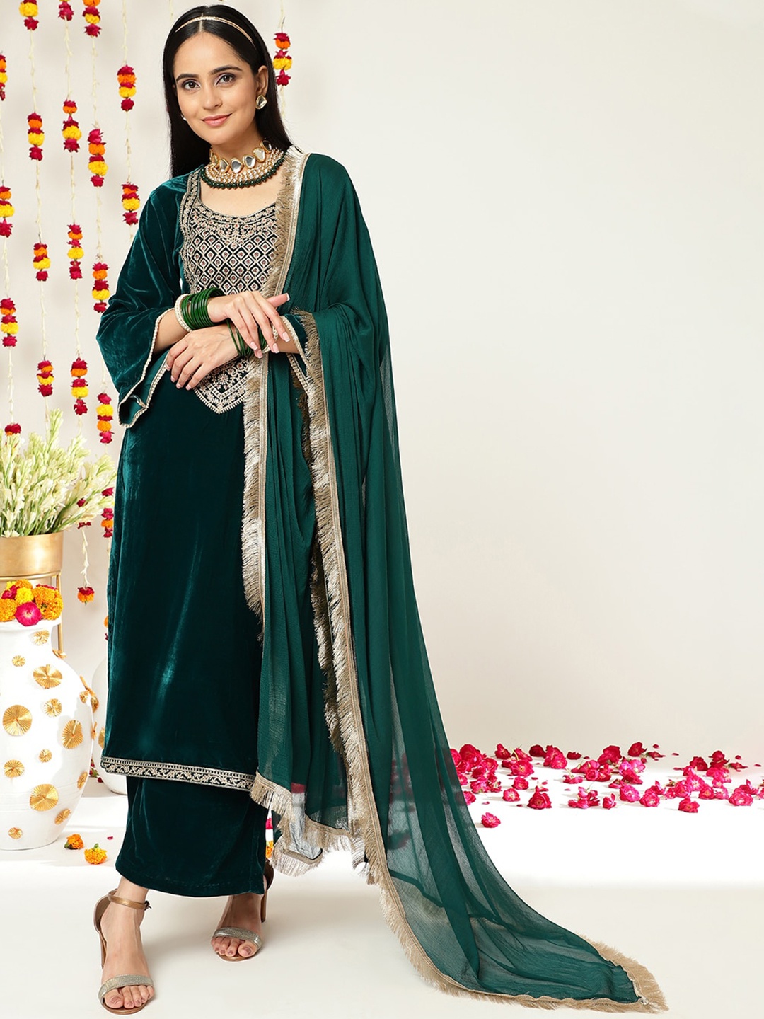 

Varanga Teal Green Ethnic Motifs Yoke Design Zari Velvet Kurta With Trousers & Dupatta