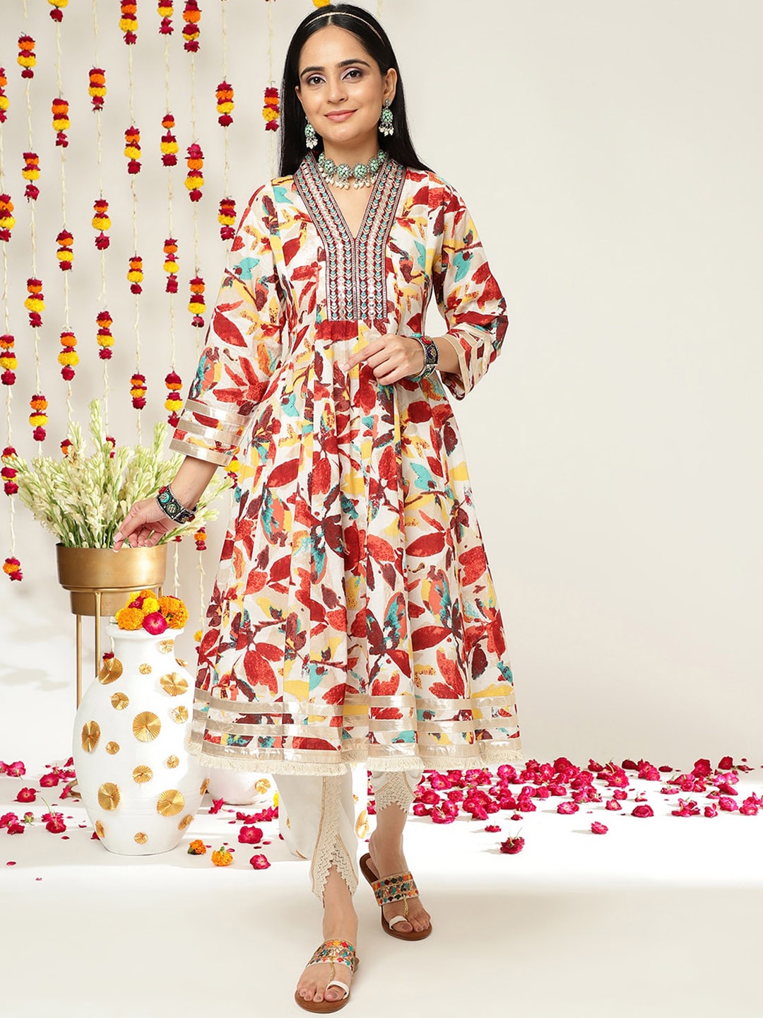 

Varanga Women Floral Printed Panelled Pure Cotton Anarkali Kurta With Dhoti Pants, Off white