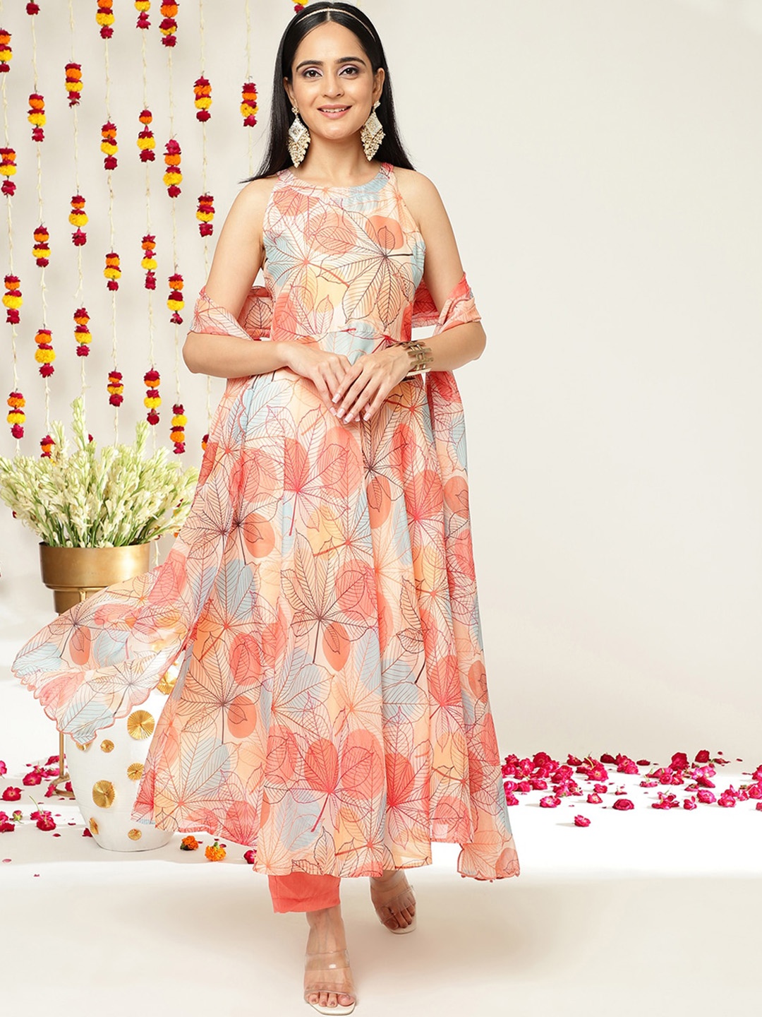 

Varanga Floral Printed Halter Neck Anarkali Kurta & Trousers With Dupatta, Beige