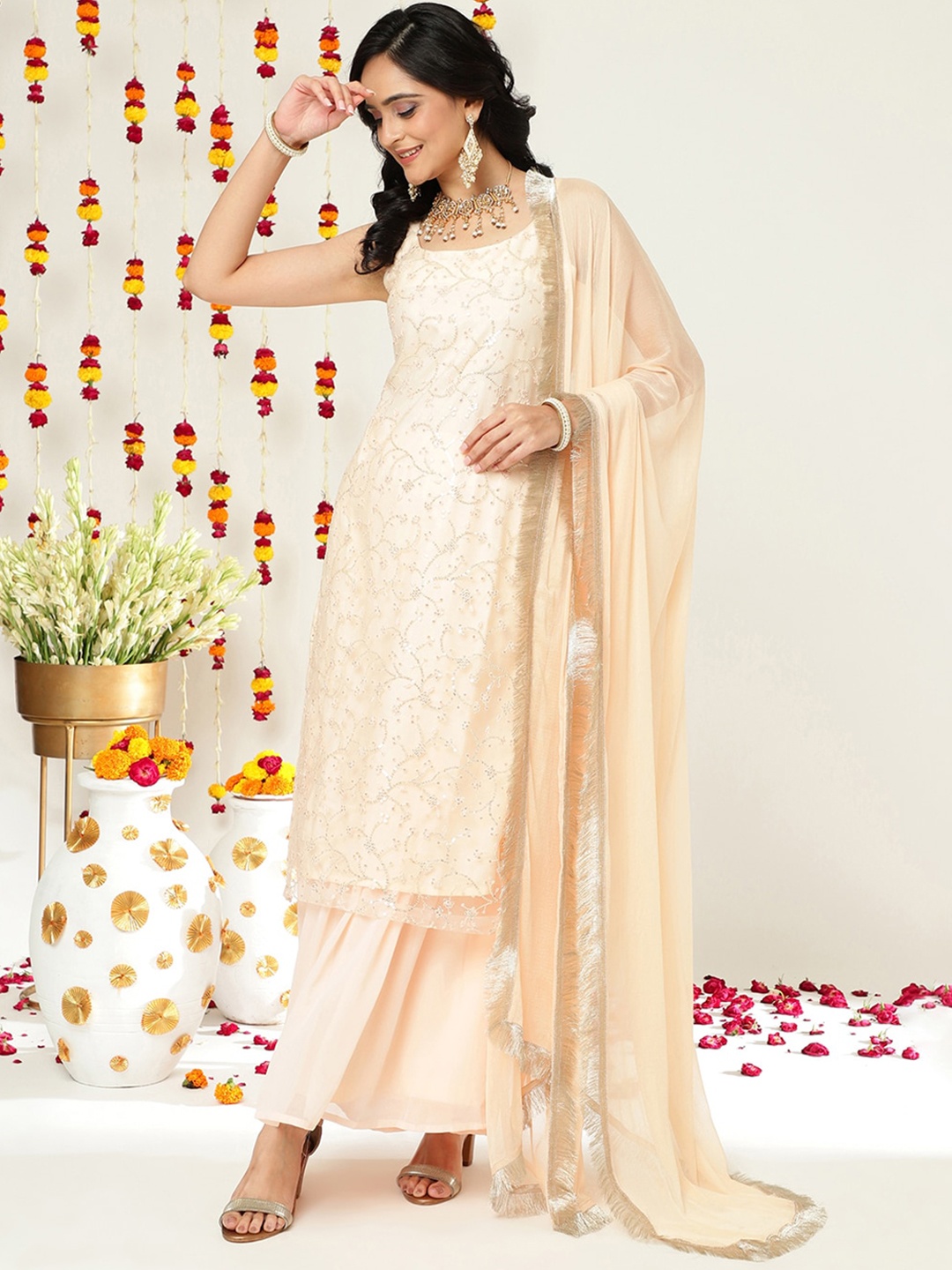 

Varanga Floral Embroidered Sequinned Straight Kurta & Sharara With Dupatta, Peach