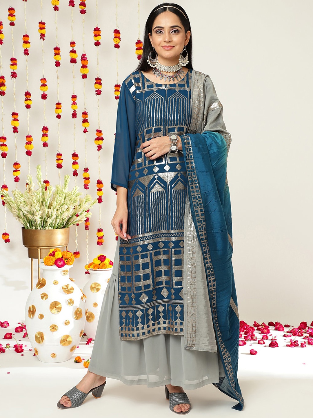 

Varanga Ethnic motifs Embroidered Sequinned Straight Kurta & Sharara With Dupatta, Teal