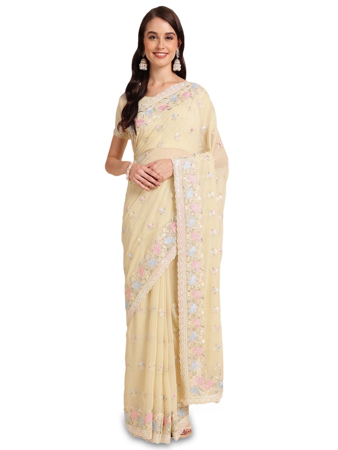 

Nimayaa Floral Embroidered Pure Georgette Saree, Beige